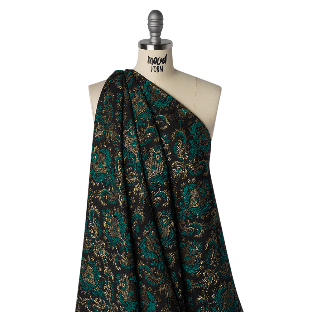 Metallic Polyester and Cotton Brocade - Teal, Black and Gold Damask - Designer Deadstock - Joann Fabrics
