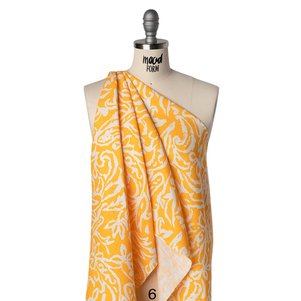 Medium Weight Linen Woven Print - Sun Yellow and White Rustic Floral and Paisley - Joann Fabrics