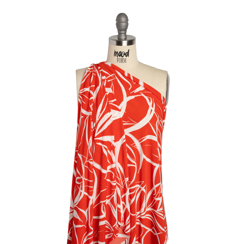 Stretch Polyester Tricot - Orange Red and White Flowers and Leaves - Designer Deadstock - Joann Fabrics