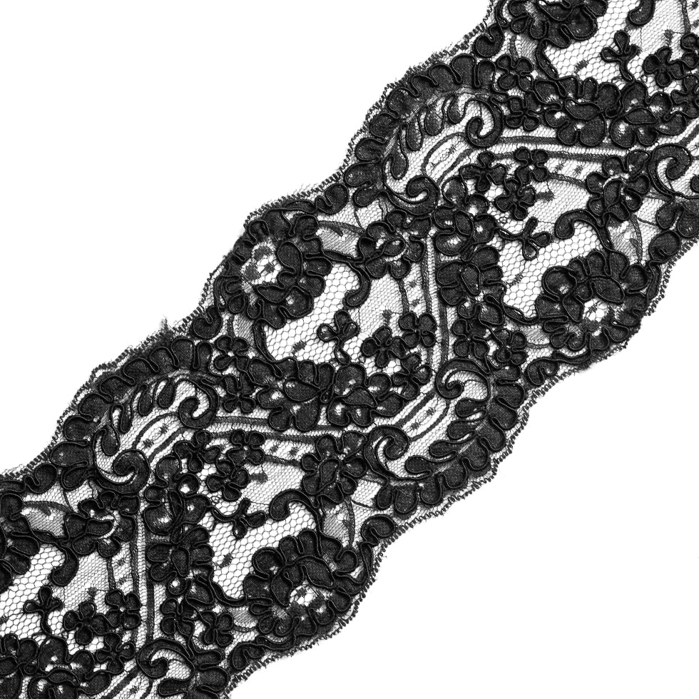Black Floral Corded Lace Trim - 5