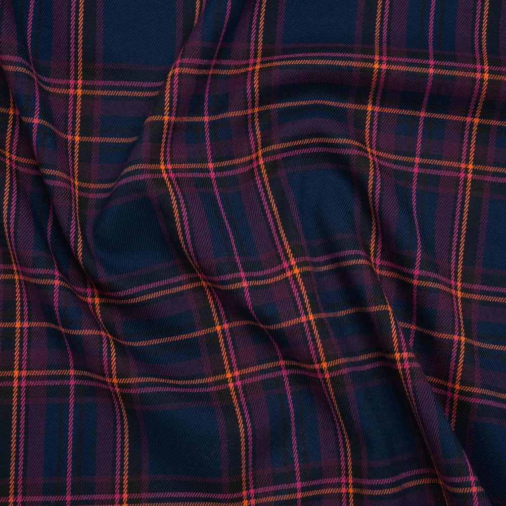 Stretch Polyester and Viscose Twill by Trina Turk - Navy, Pink and Orange Plaid - Designer Deadstock - Joann Fabrics