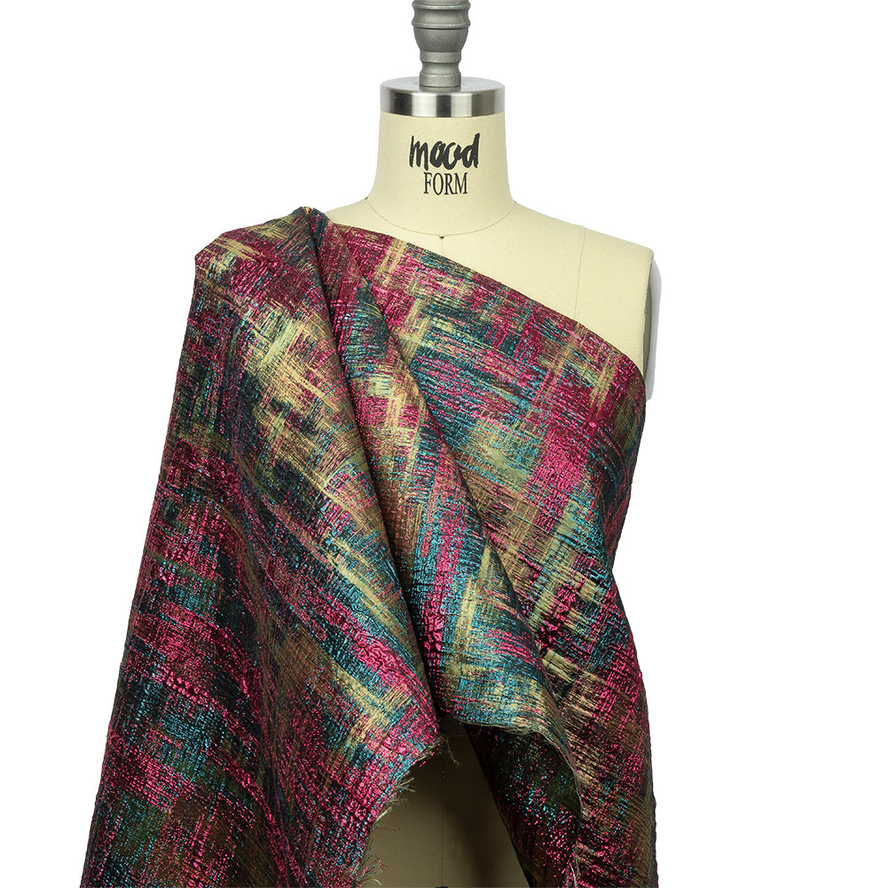 Metallic Magenta, Forest and Olive Distressed Plaid Luxury Brocade - Joann Fabrics
