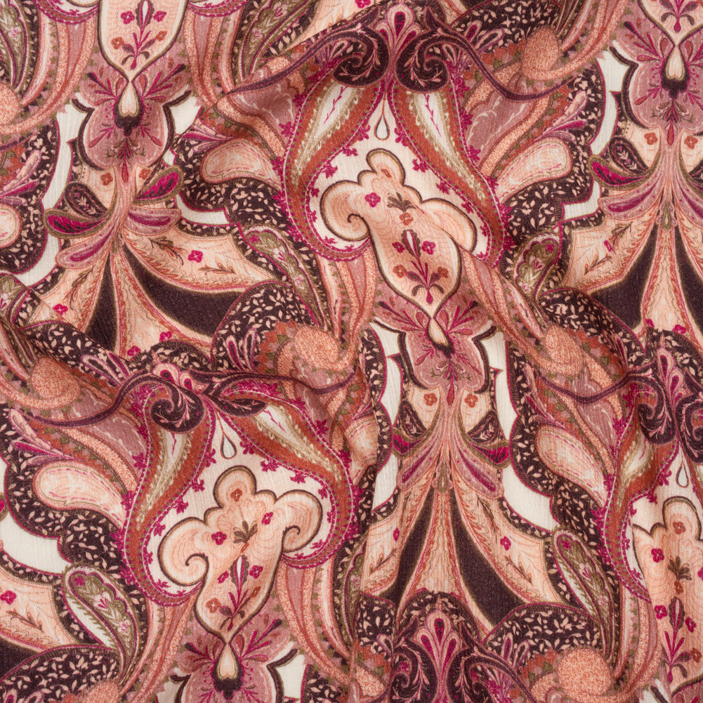 Slubbed Gauzy Cotton Woven - Pale Peach, Magenta and Dark Plum Fanciful Paisleys - Mood Exclusive Mandala Motions Print - Joann Fabrics