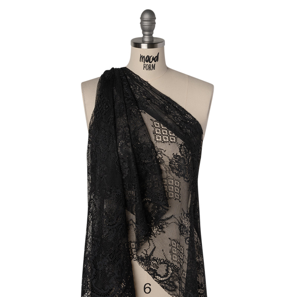 Luminous Re-Embroidered Lace with Finished Scalloped Edges - Black Floral and Diamond Lattices - Joann Fabrics
