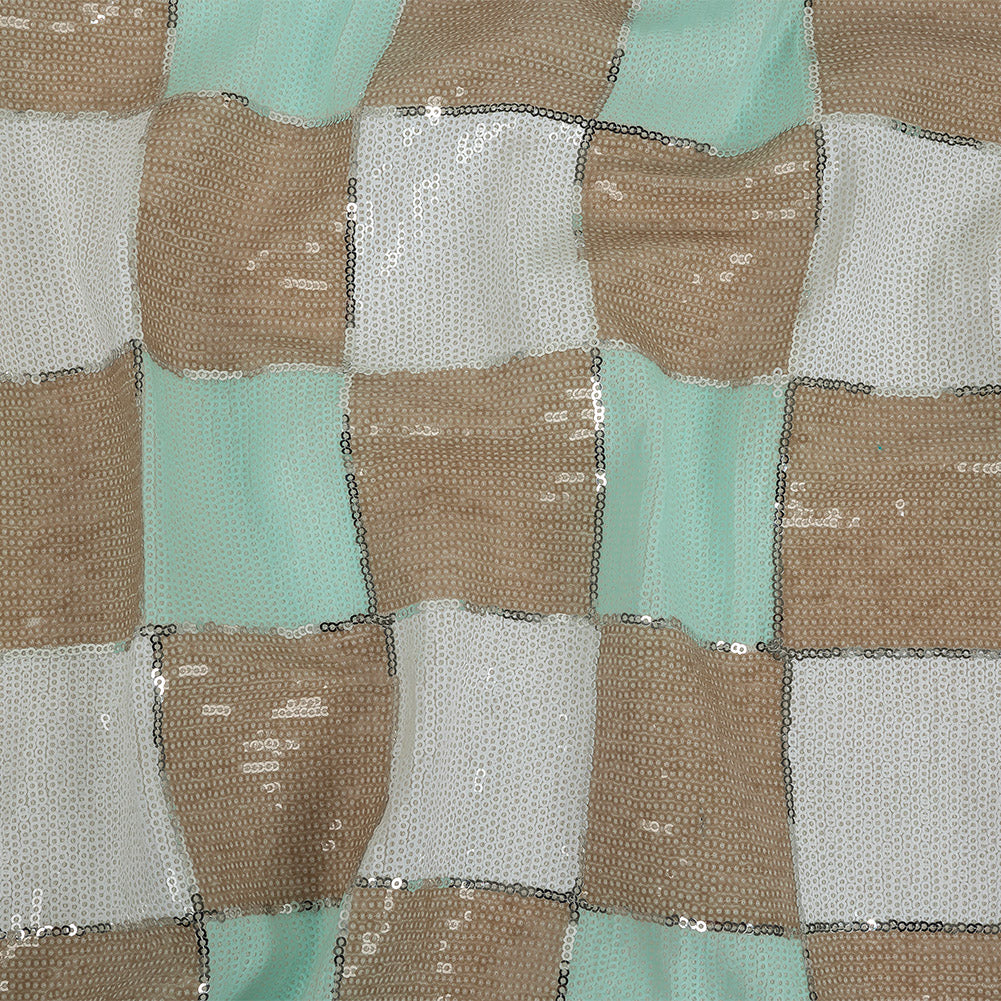 Italian Soothing Sea, Light Taupe and Lucent White Baby Sequin Squares on White Mesh - Joann Fabrics