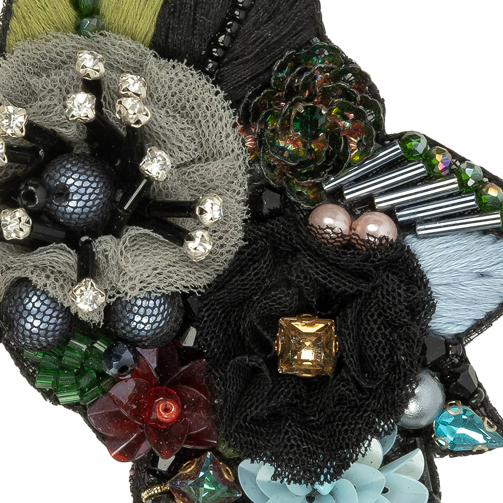 Blue, Gray and Green Fabric Flowers, Rhinestone and Glass Beaded Applique - 2.5