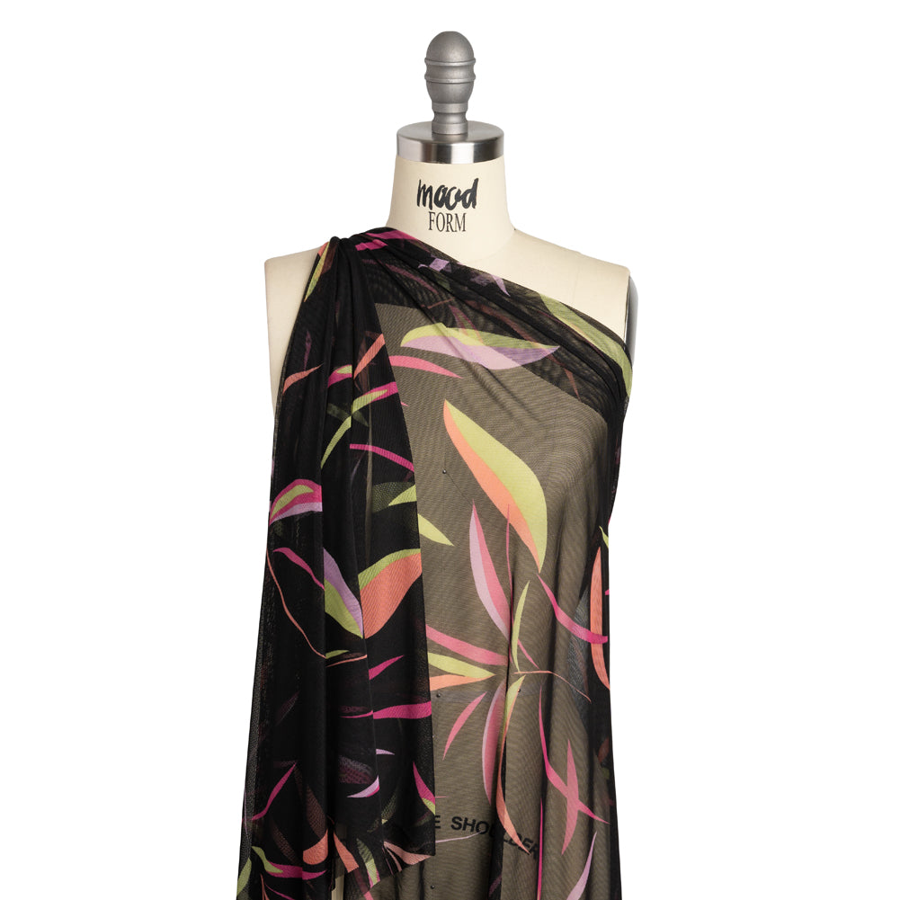 Polyester Stretch Mesh - Black, Hot Pink and Lime Green Leaf Party - Designer Deadstock - Joann Fabrics