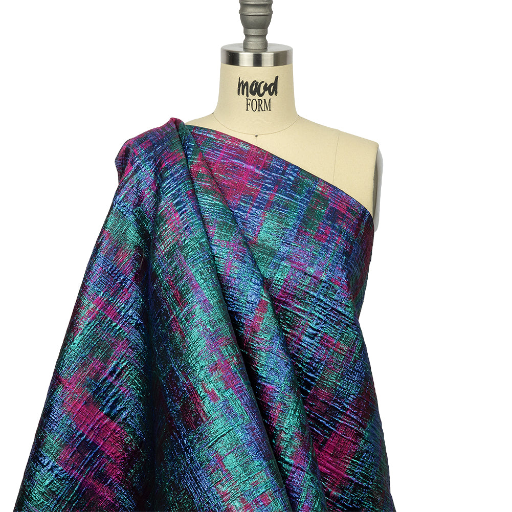 Metallic Teal, Royal and Magenta Distressed Plaid Luxury Brocade - Joann Fabrics