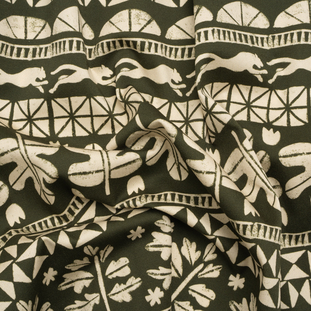 Stretch Cotton Twill Print - Dark Olive Animal, Leaf, and Geometric Stripes - Mood Exclusive Puma Pounce - Joann Fabrics