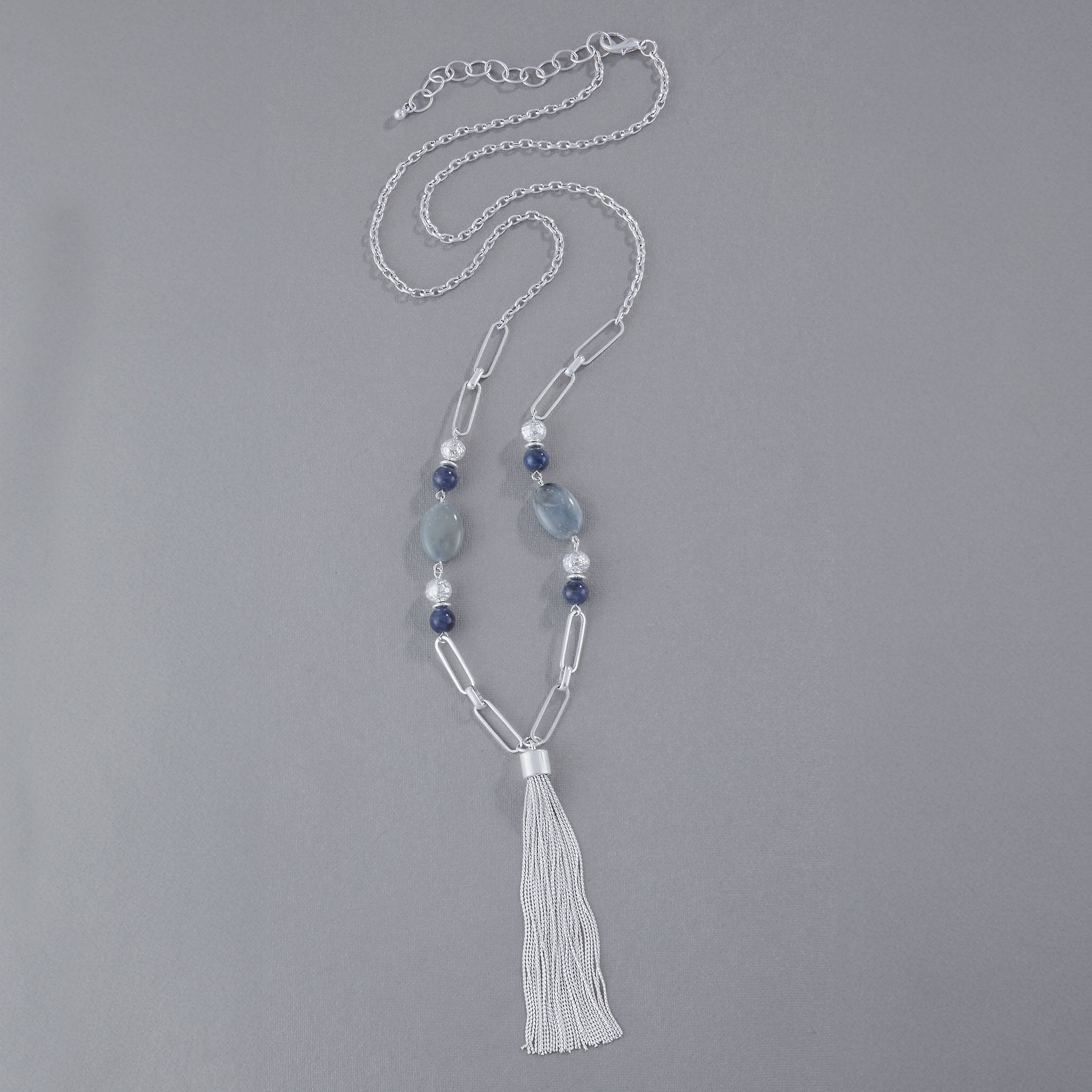 Blue Beaded Tassel Necklace with Silver Beads - Northstyle Catalog