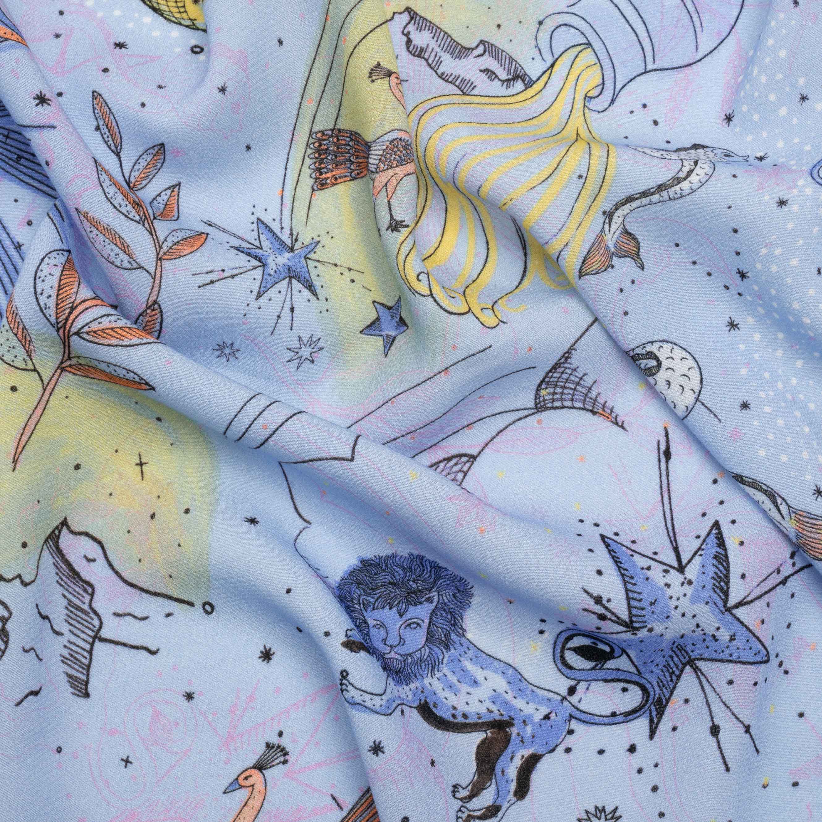 Viscose Crepe Print - Blue and Yellow Celestial Creatures - Mood Exclusive Mythical Me - Joann Fabrics
