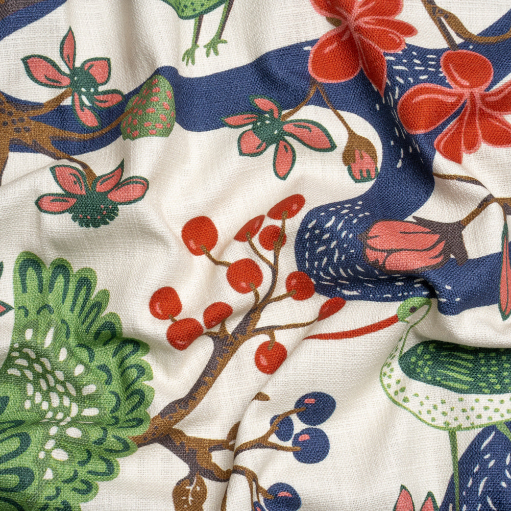 Pink, Blue and Green Birds, Blooms and Berries Slubbed Cotton Woven - Joann Fabrics