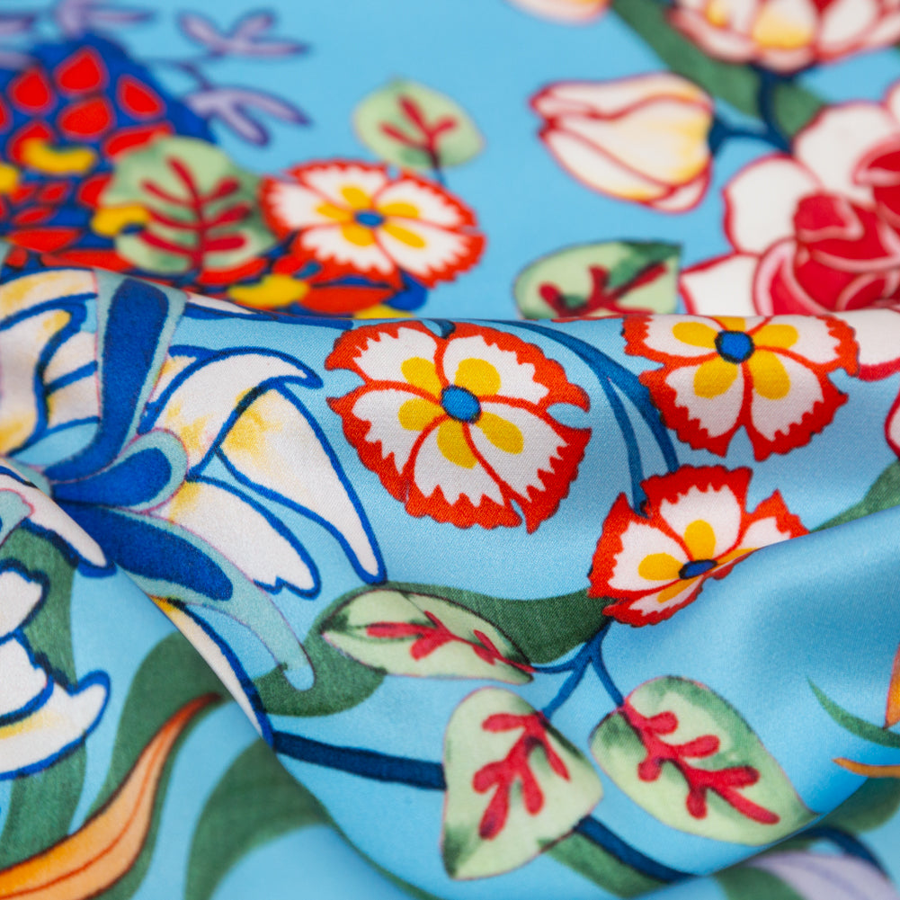 Mood Exclusive Italian Burnt Ochre and Heritage Blue Floral Digitally Printed Silk Charmeuse - Joann Fabrics