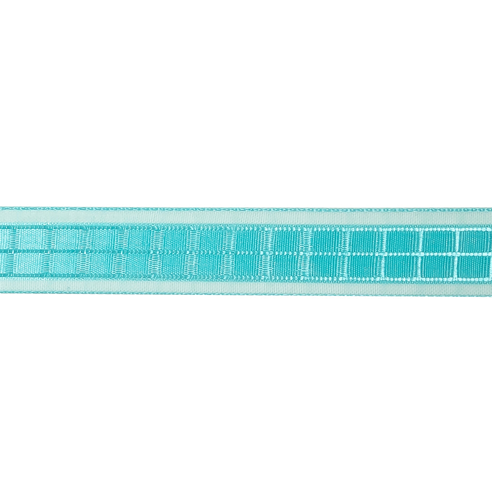 Turquoise Windowpane Checks and Sheer Borders Woven Ribbon - 0.625