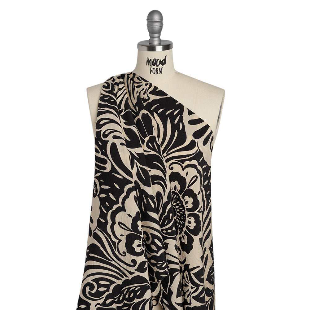 Crinkled Rayon Blend Woven Print - Black and Beige Floral - Designer Deadstock - Joann Fabrics