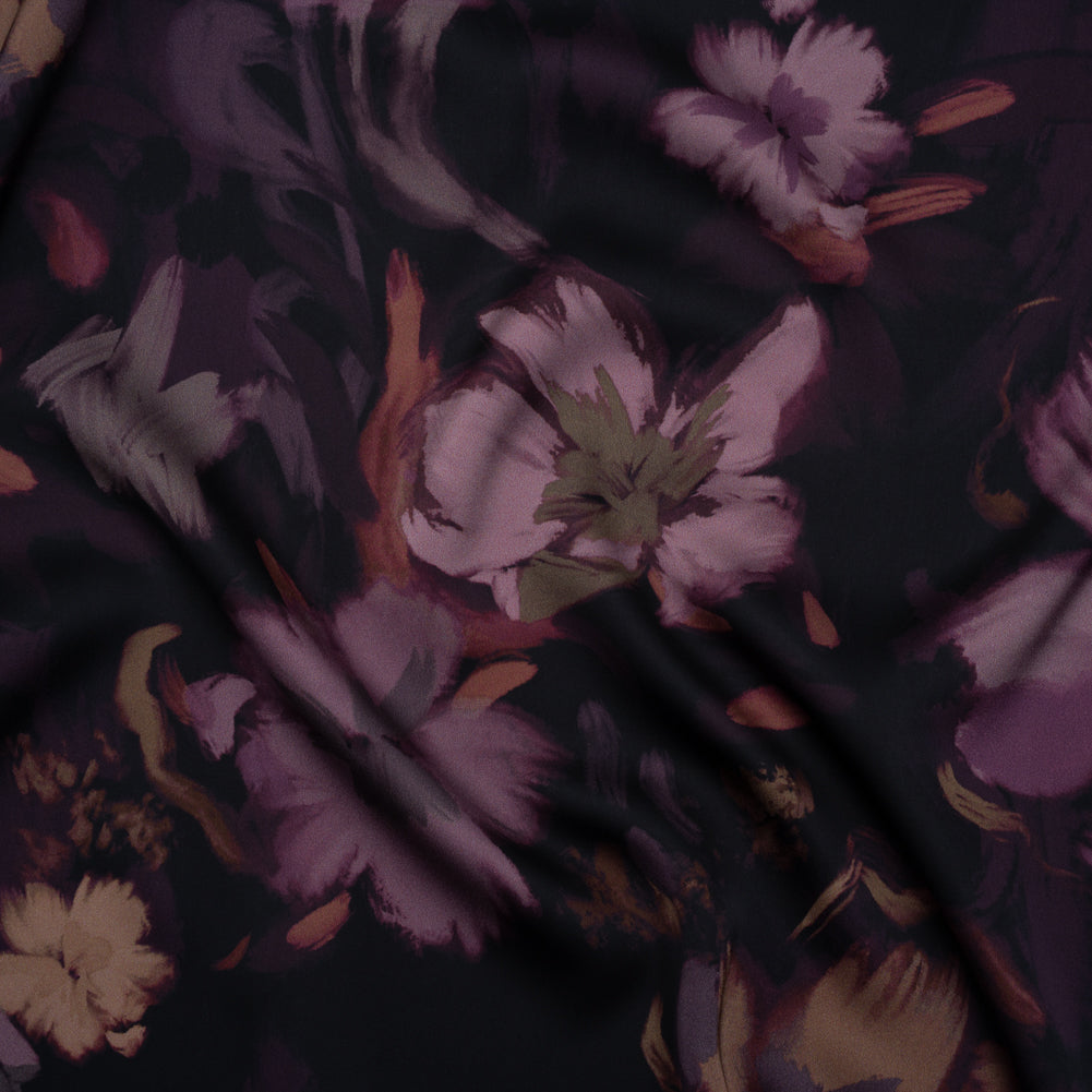 Polyester Satin - Aubergine, Lilac and Taupe Painted Flowers - Mood Exclusive Petal Veil Print - Joann Fabrics