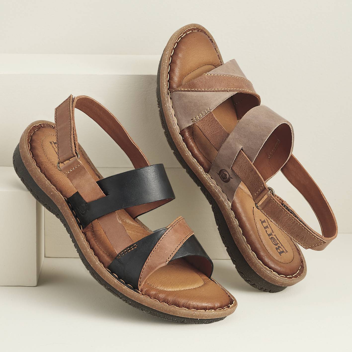 Born® Two-Tone Leather Sandals, Adjustable Back Strap, Leather Footbed - Northstyle Catalog