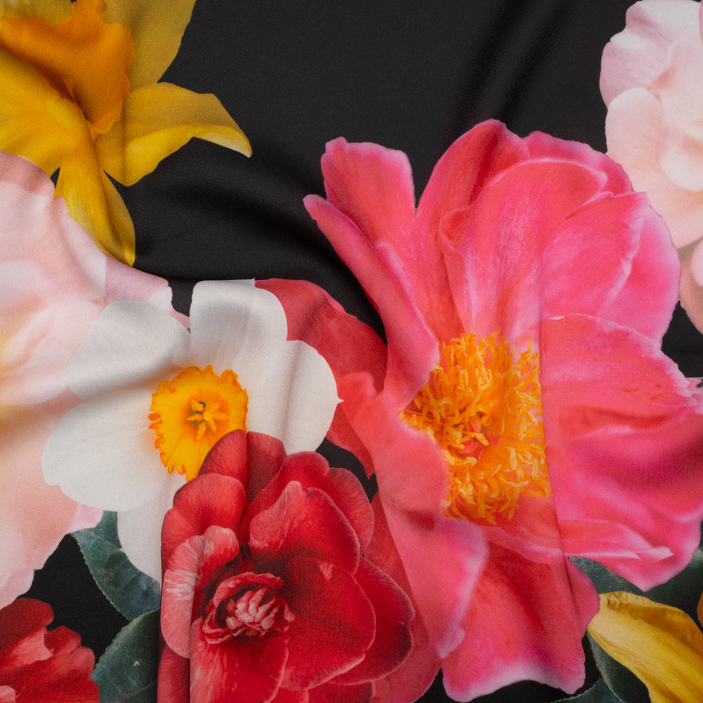 Polyester Crepe-Back Satin - Black, Yellow and Red Realistic Flowers - Mood Exclusive Photosynthesis Snapshot Print - Joann Fabrics