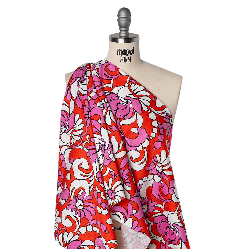Stretch Cotton Jacquard Print by Trina Turk - Hot Pink, Red and White Florals on Ogees - Designer Deadstock - Joann Fabrics