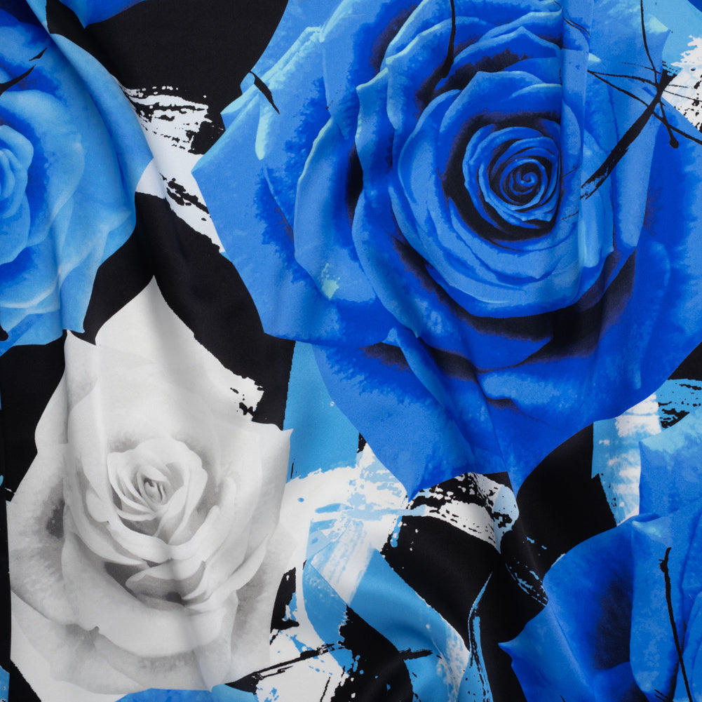 Silk Charmeuse Print 16MM, Made in Italy - Blue, White and Black Rose Bouquet - Joann Fabrics