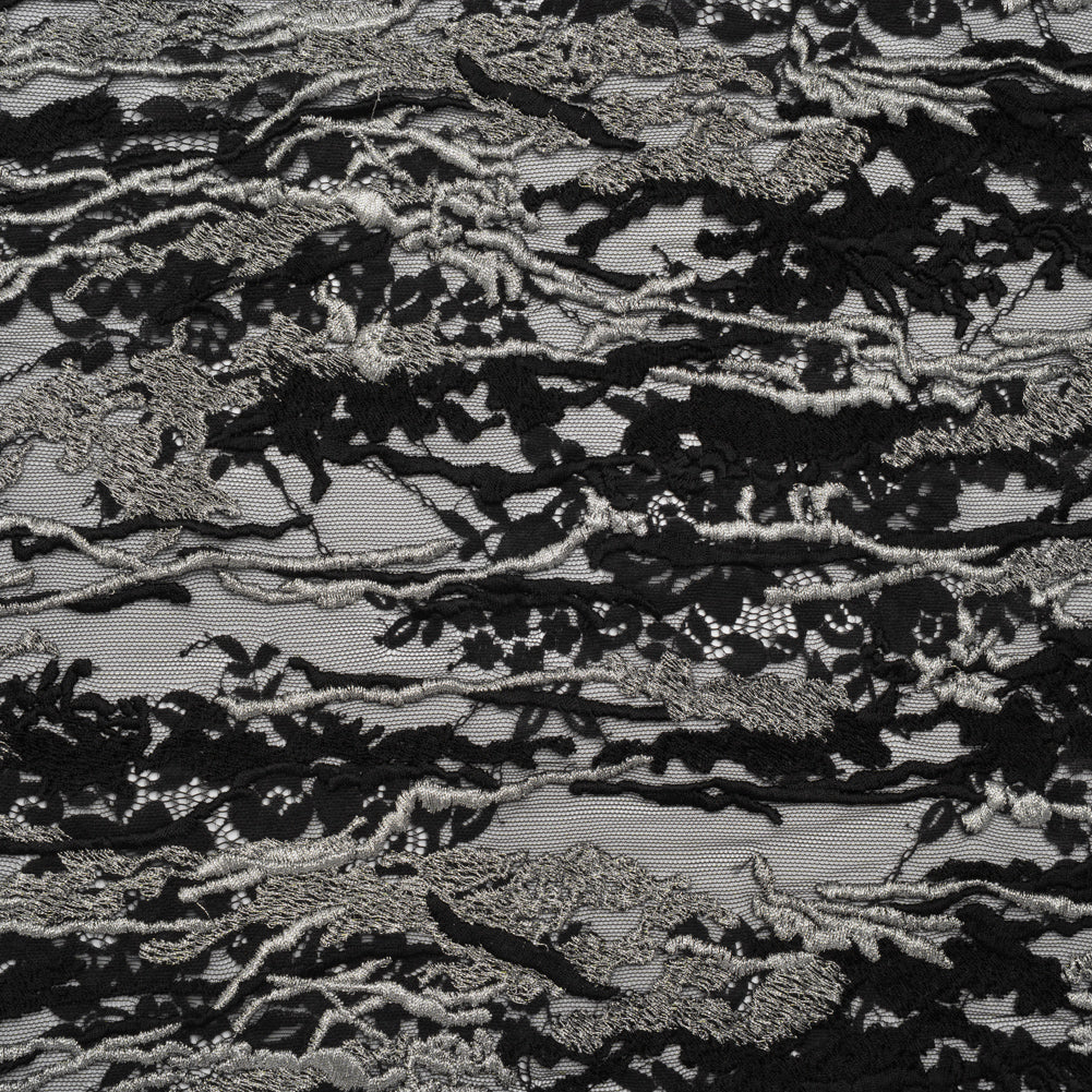Metallic Embroidered Raschel Lace - Black and Silver Floral and Waves with Scalloped Border - Joann Fabrics