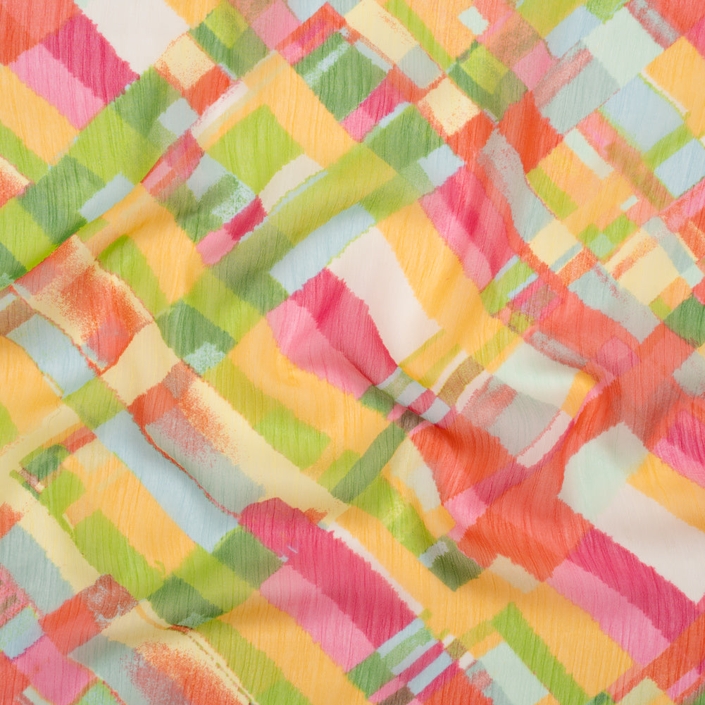 Crinkled Polyester Chiffon Print - Yellow, Lime Green and Pink Painted Plaid - Designer Deadstock - Joann Fabrics