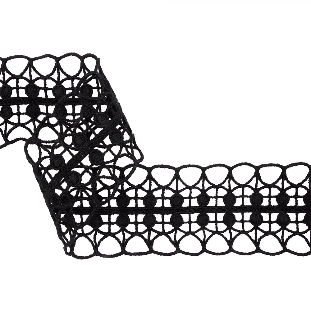Black Double Edged Circle Grid and Open Scallops Venise Lace Trim - 2.5