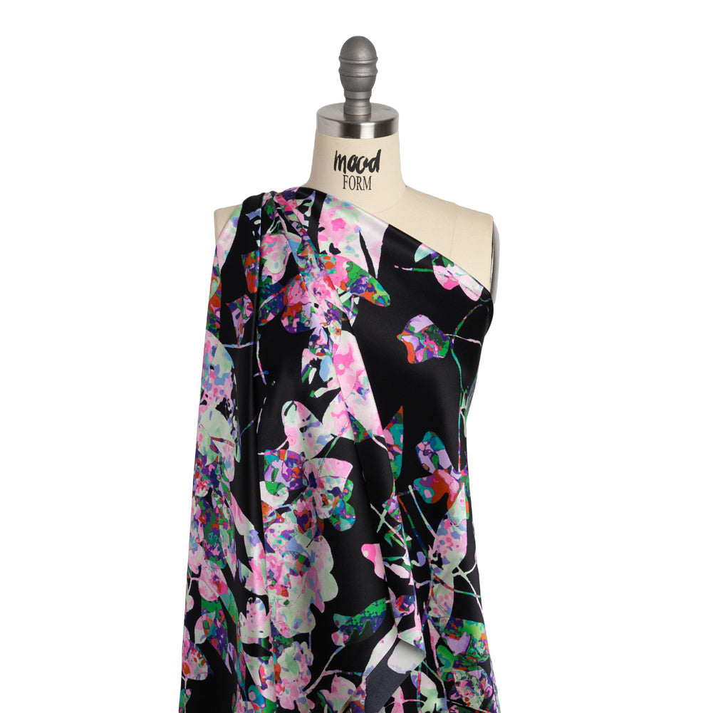 Silk Charmeuse Print - Black, Pink and Green Splatter Painted Florals - Joann Fabrics