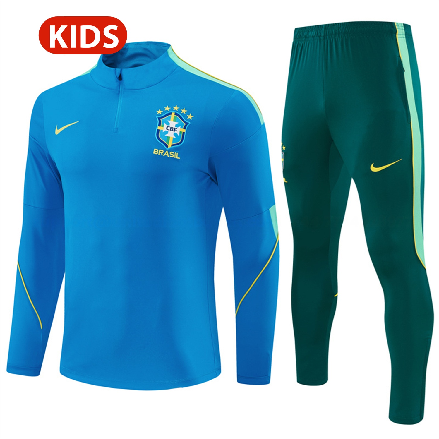 Brazil 2026 Kids Long Sleeve Training Set - Sky Blue Top & Dark Green Pants - UnitedFutballJersey