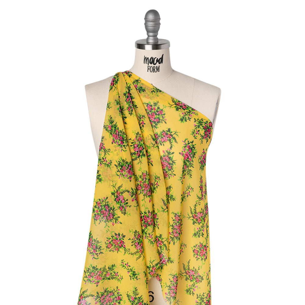 Silk Chiffon Print Made in Italy - Sunny Yellow, Green and Pink Flower Bunches - Deadstock - Joann Fabrics