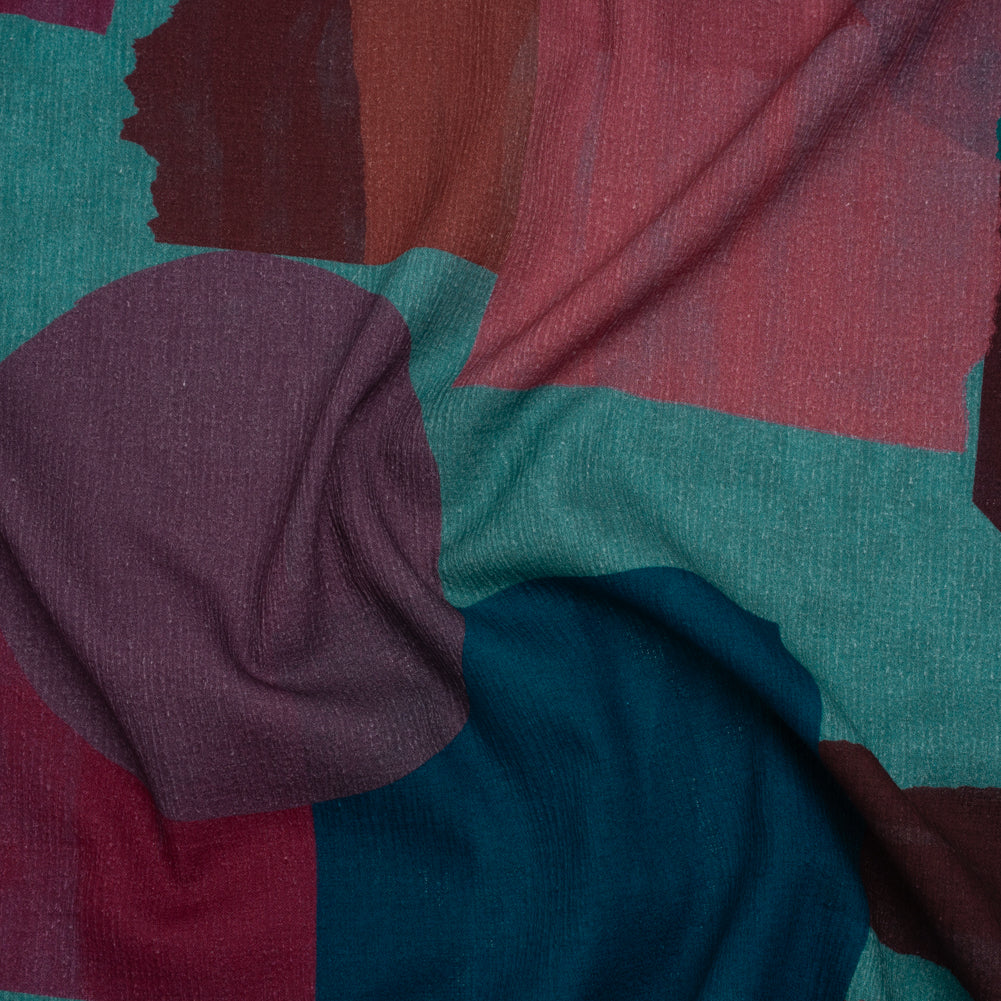 Slubbed Gauzy Cotton Woven - Teal Green, Burgundy and Magenta Painted Geometrics - Mood Exclusive Brushed Blocks Print - Joann Fabrics