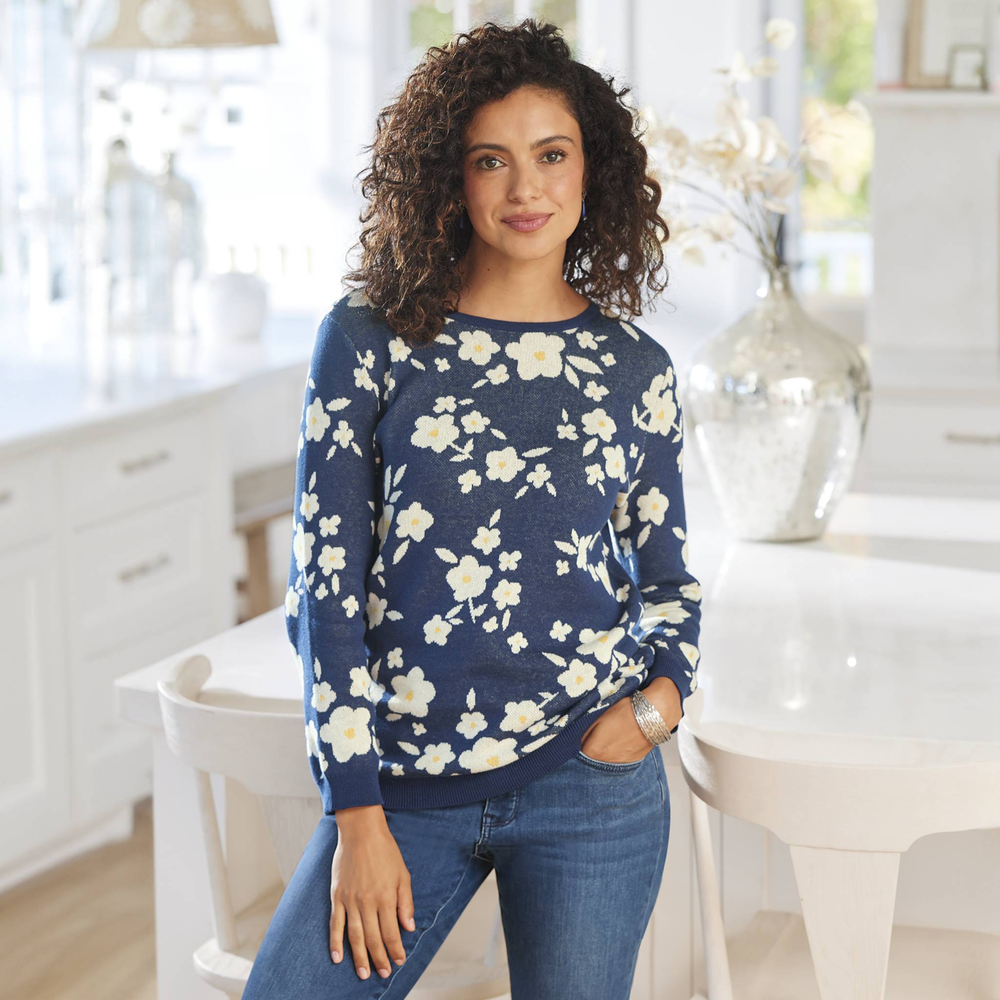 Lightweight Cotton Jacquard Floral Sweater, 3/4 Sleeves - Northstyle Catalog