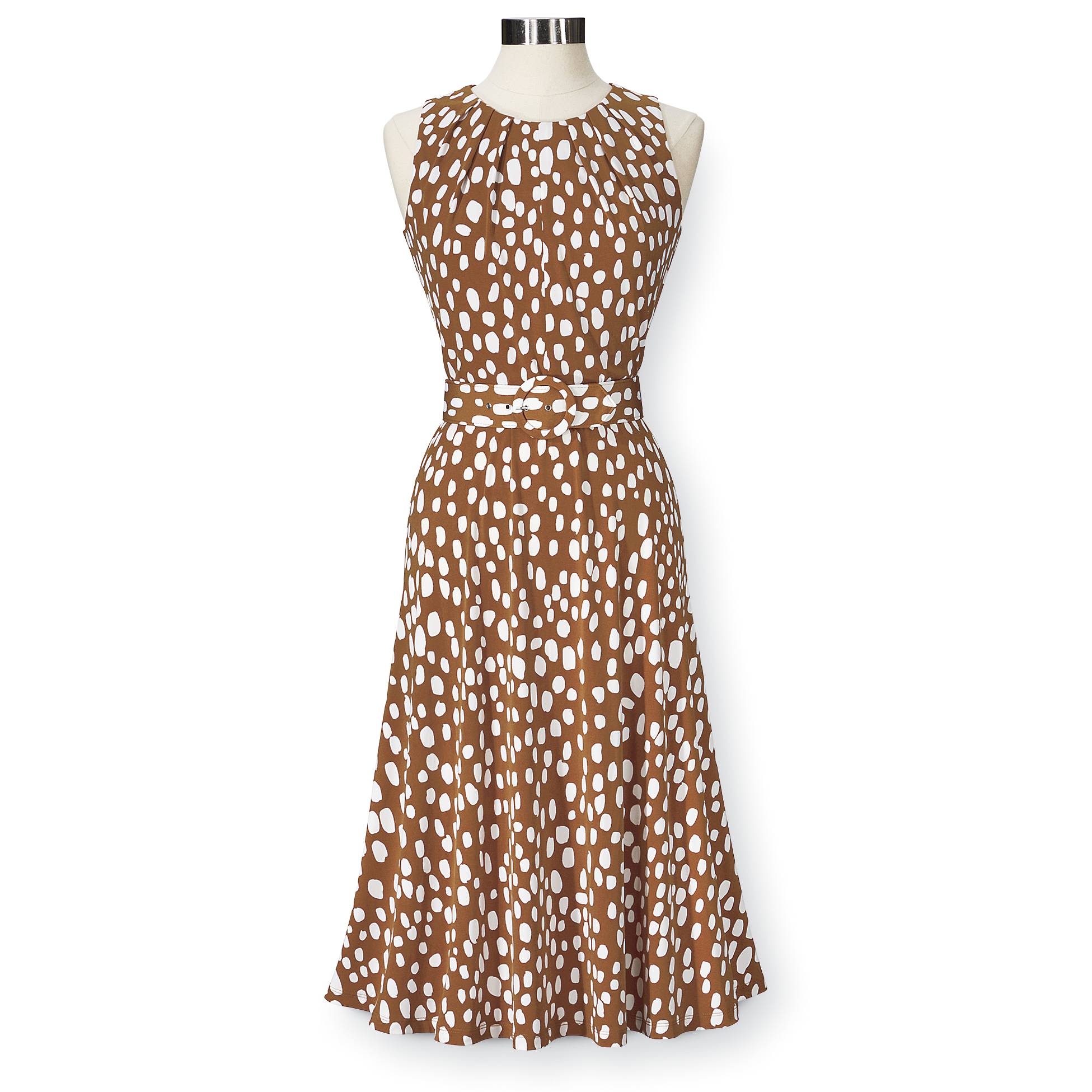 Belted Dot Dress, Fit-and-Flare, Pleated Neckline, Back Zip - Northstyle Catalog