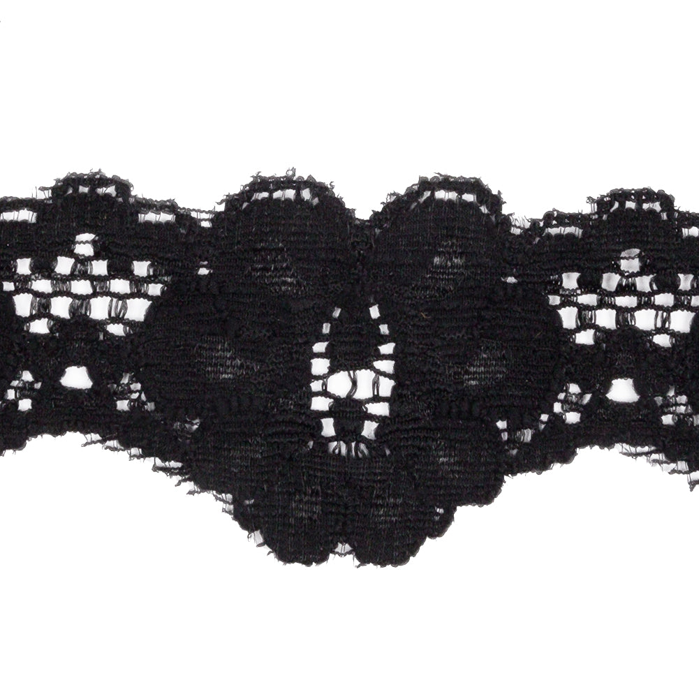 Famous NYC Designer Black Floral Scallops Stretch Re-Embroidered Lace Trim - 1.625