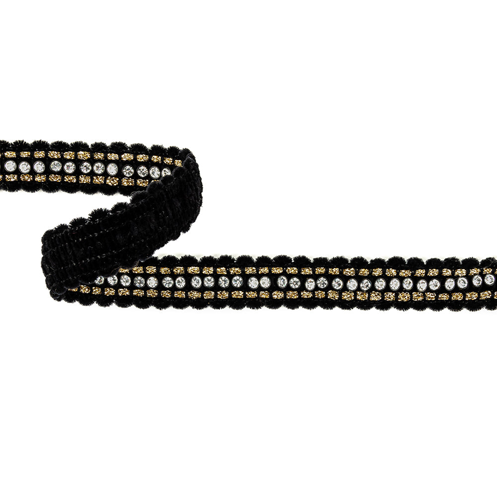 Vintage Fancy Black, Crystal and Gold Lurex Chenille Trim - 0.875