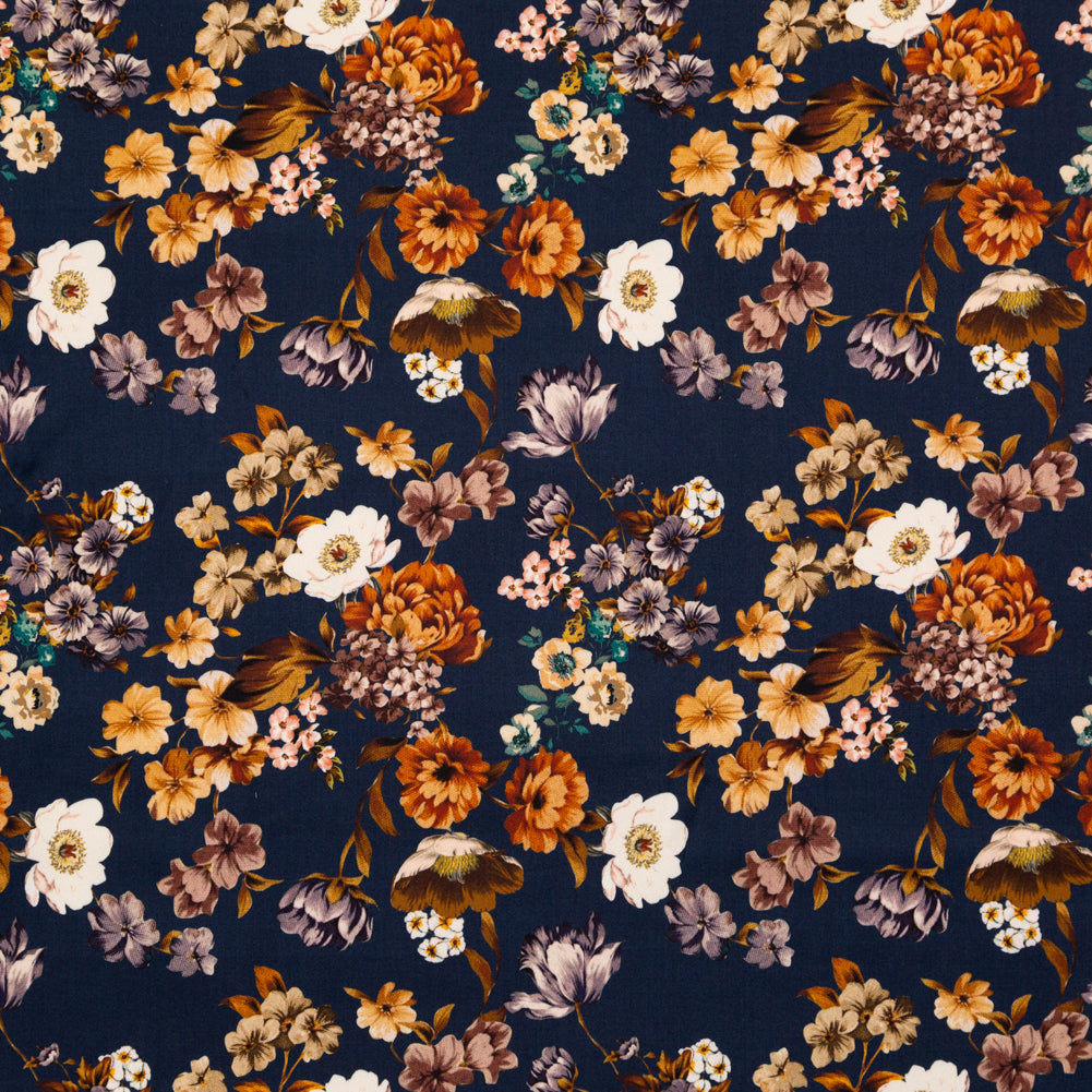 Stretch Cotton Sateen - Navy and Orange Floral - Floral Dreams Print - Mood Exclusive St. Tropez Collection - Joann Fabrics