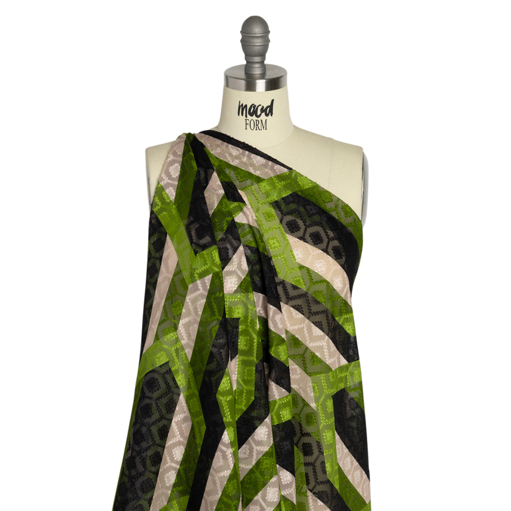 Geometric Burnout Polyester Woven Print - Green Hexagon Stripes - Mood Exclusive Archers Cay - Joann Fabrics