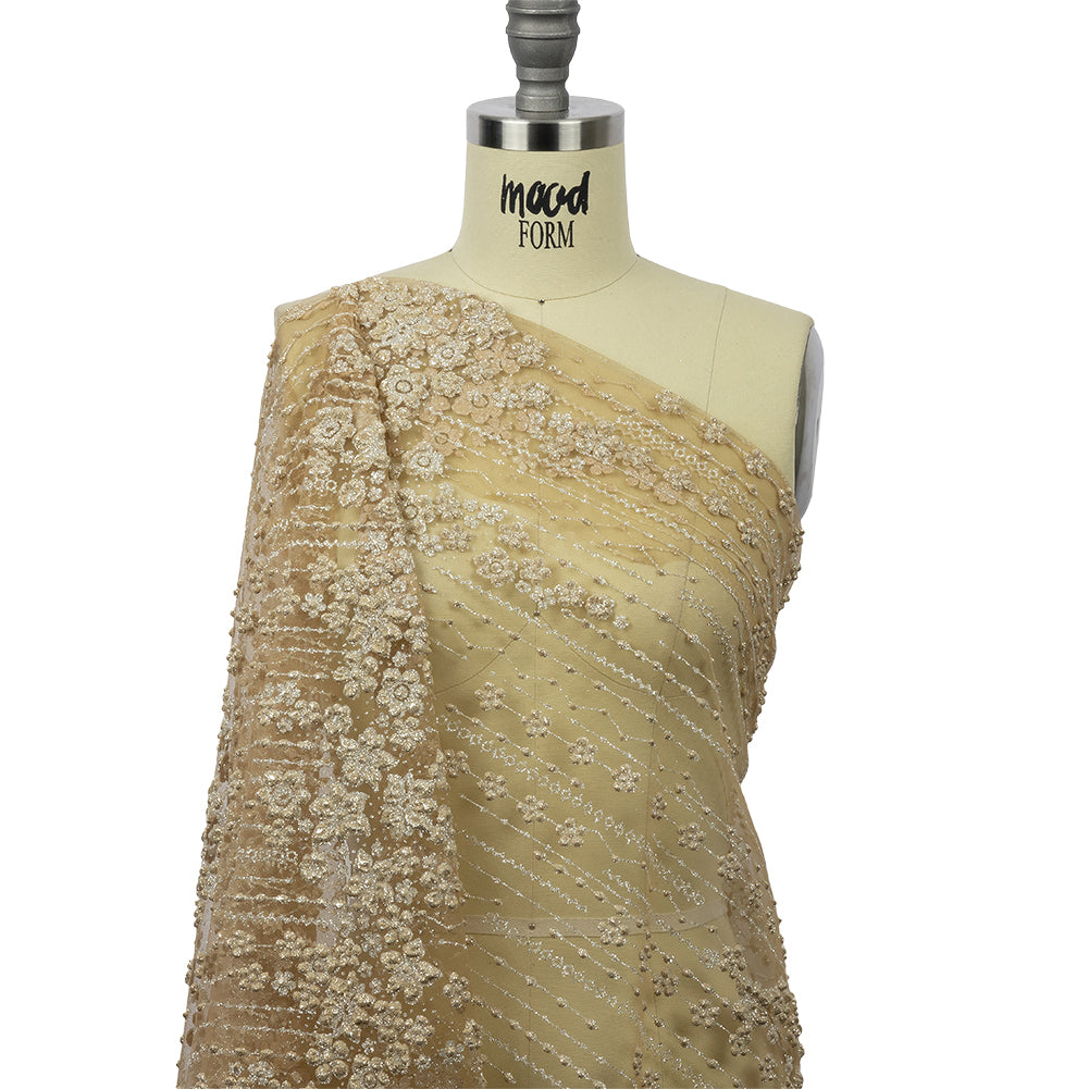 3D Puffy Glitter Tulle - Tan and Silver Dotted Stripes and Floral Border - Joann Fabrics