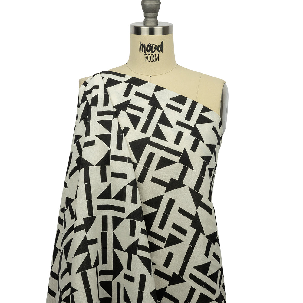 Linen and Rayon Woven - Black and White Geometric - Changing Trains Print - Mood Exclusive Metro Collection - Joann Fabrics