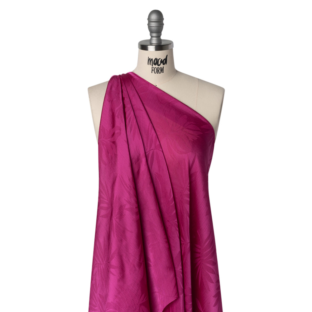 Crinkled Polyester Satin-Face Chiffon Jacquard - Fuchsia Palm Leaves - Designer Deadstock - Joann Fabrics