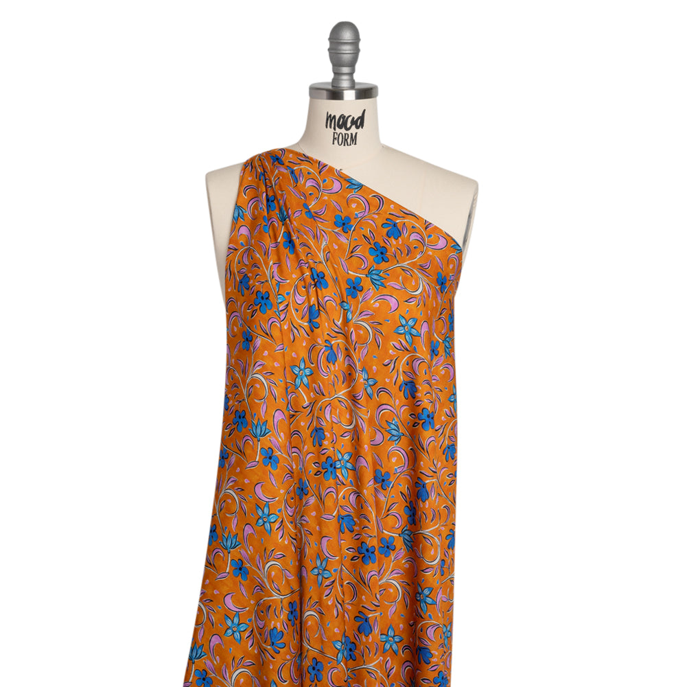 Rayon Challis - Orange and Blue Floral - Apollo's Laurel Print - Mood Exclusive Chariot Collection - Joann Fabrics