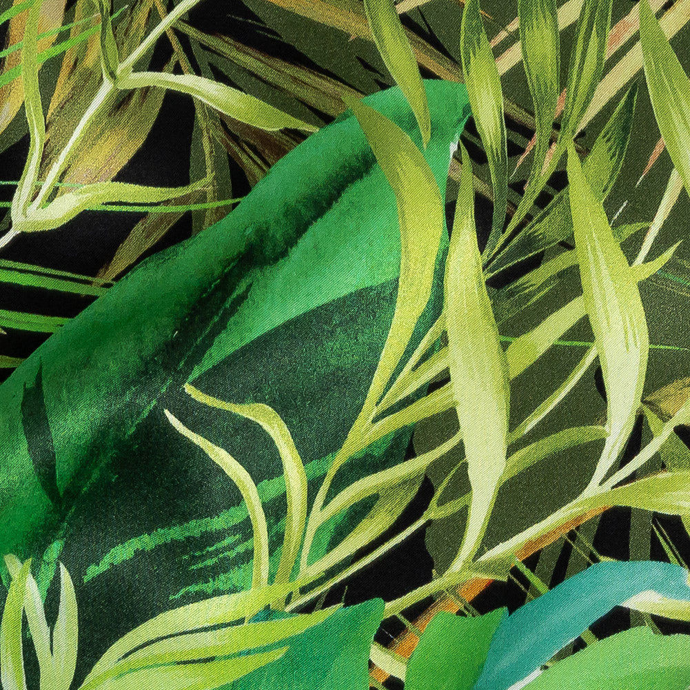 Mood Exclusive Italian Green and Black Ferns and Foliage Digitally Printed Silk Charmeuse - Joann Fabrics