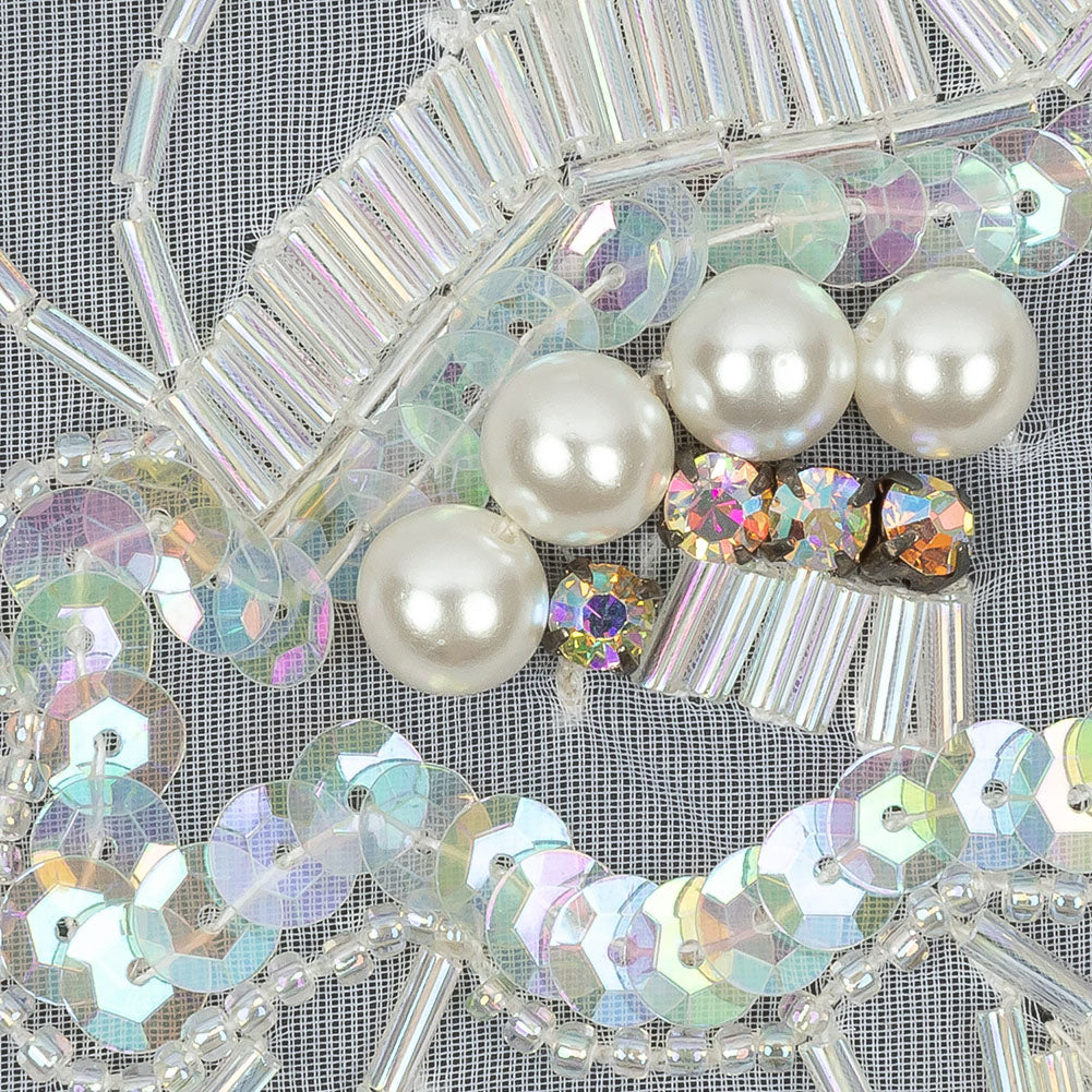 Vintage White and Crystal Iris Beaded and Sequins Abstract Sheer Panel Applique - 11.75