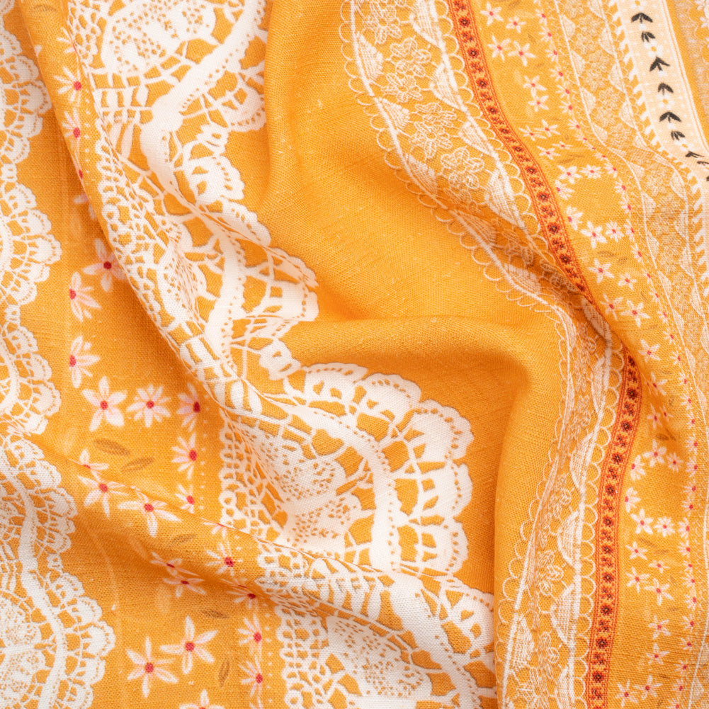 Viscose and Linen Woven Print - Yellow and White Lace and Floral Stripes - Mood Exclusive Lace and Ribbons - Joann Fabrics