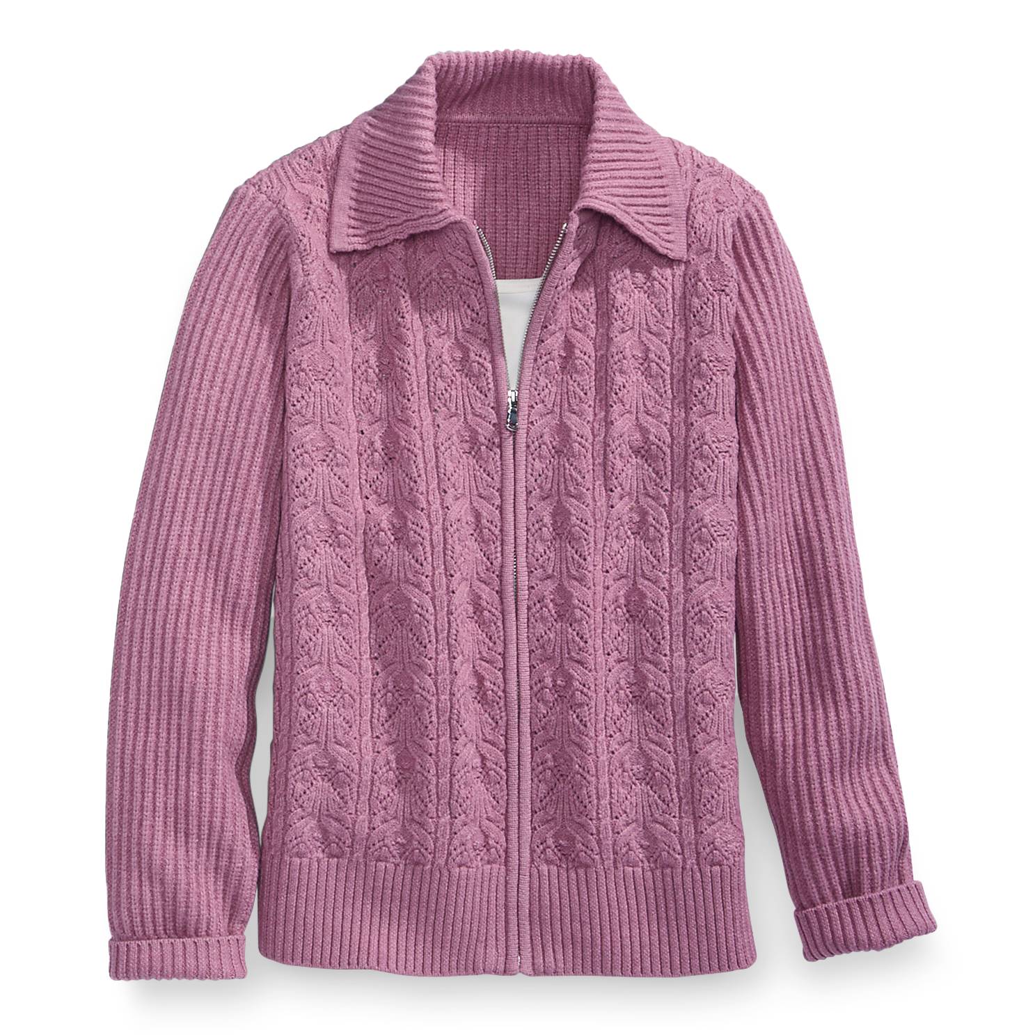 Pointelle Zip-Front Cardigan, Wide-Rib Collar, Sleeves & Back - Northstyle Catalog