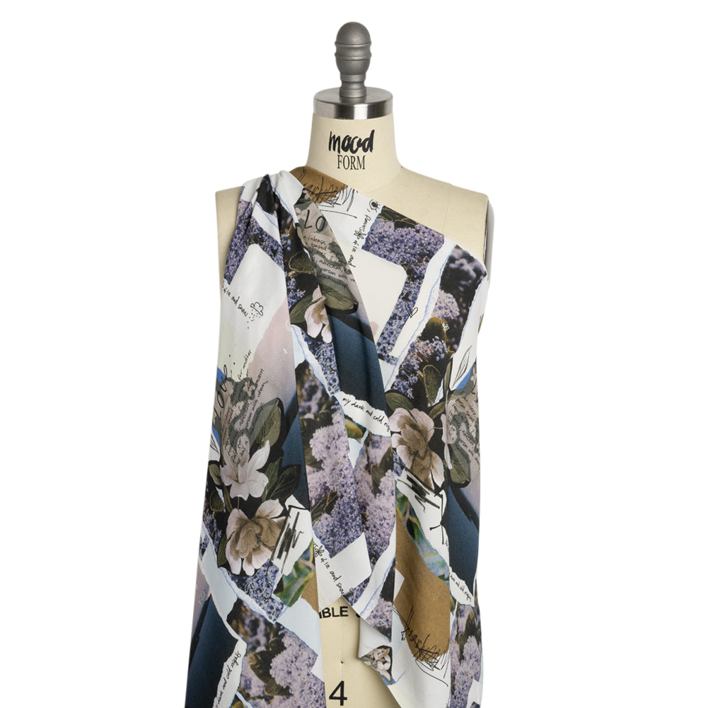 Sustainable Viscose Crepe Print - Beige and Dusty Blue Scrapbook Patchwork - Mood Exclusive Poetics of Love - Joann Fabrics