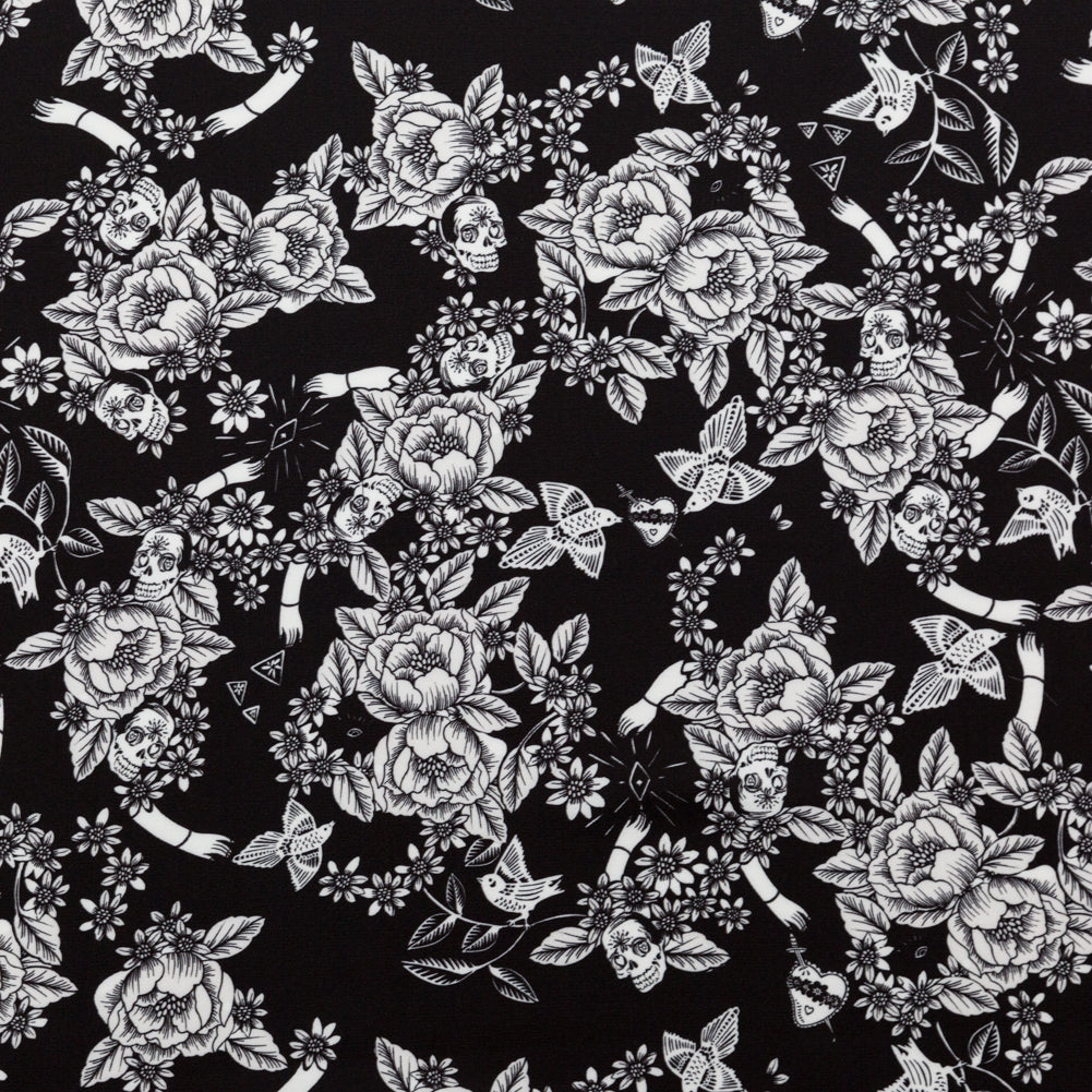Stretch Polyester Crepe - Black and Star White Roses - Prophetic Dreams Print - Mood Exclusive Crow Collection - Joann Fabrics