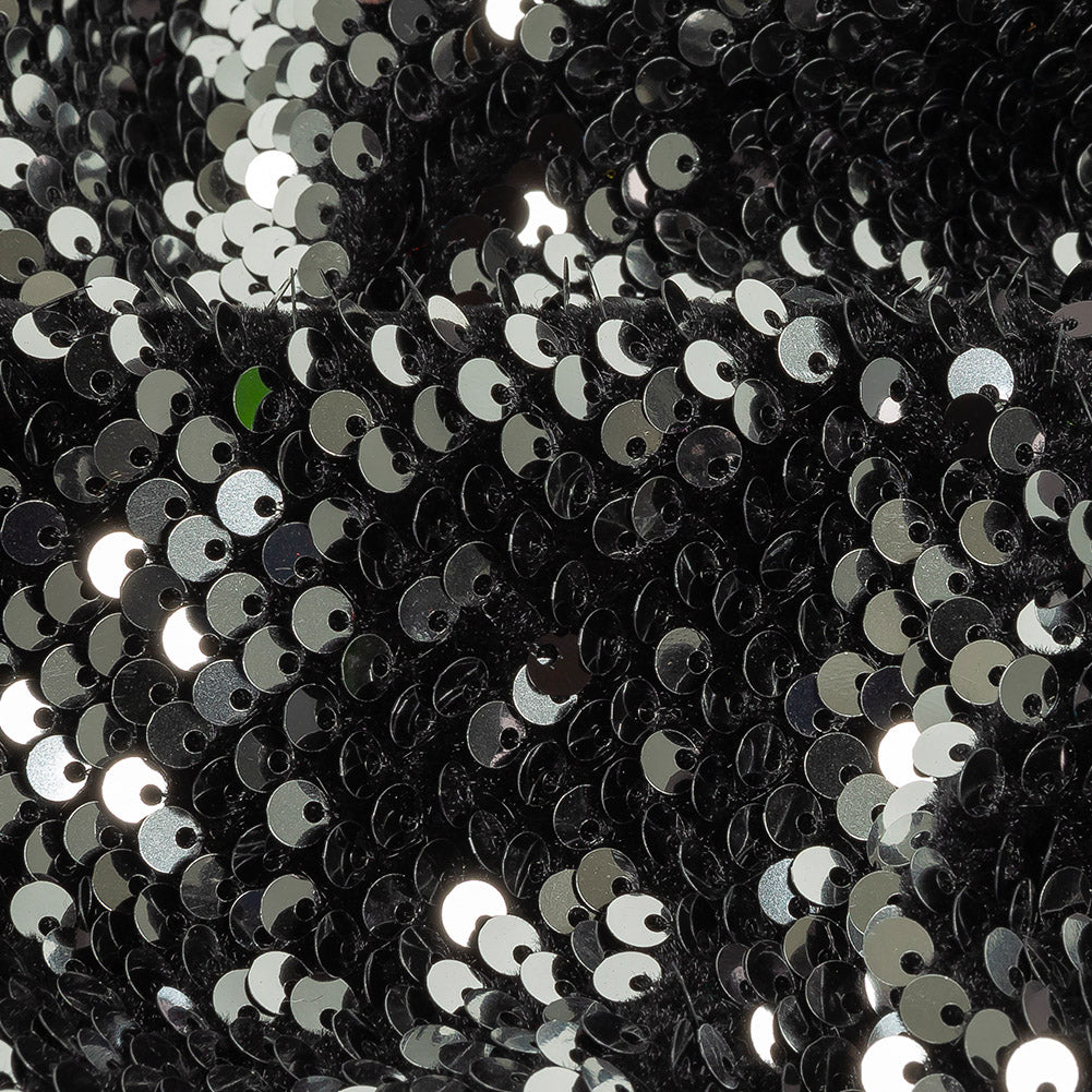 Milly Italian Black and Reflective Silver Paillette Sequins on Black Stretch Velour - Joann Fabrics