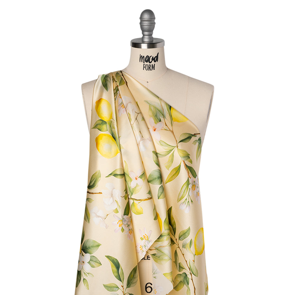 Silk Charmeuse Print 16MM, Made in Italy - Cream, Green and Yellow Blossoming Lemon Tree - Joann Fabrics
