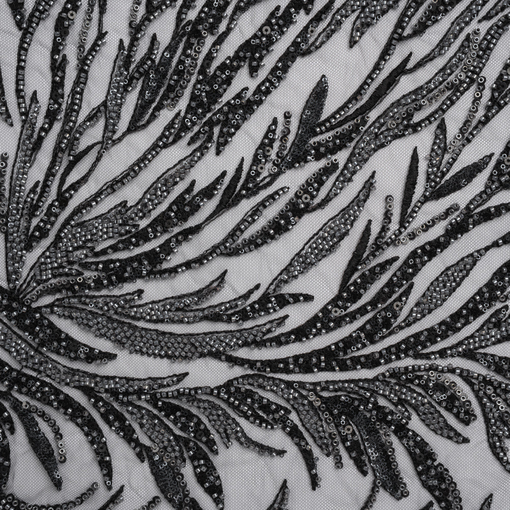 Embroidered and Beaded Lace Tulle with Sequins - Black and Gunmetal Reef Plants - Joann Fabrics